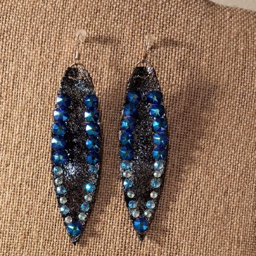 Black Leather Earrings With Blue Crystal Accents